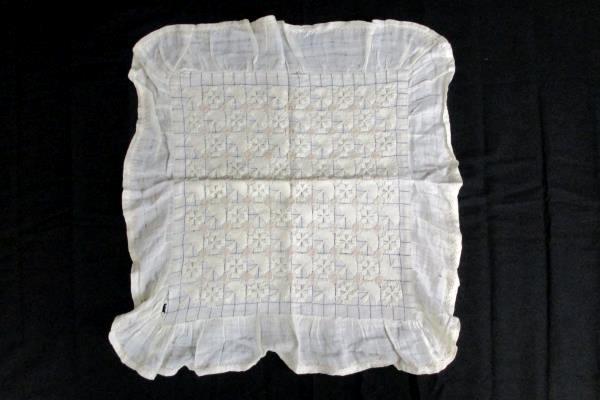 Vintage Table Doily Linen Embroidery Fan Pattern Blue White Pink Handmade