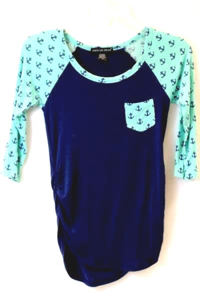 Top By American Dream 1/2 Sleeve Turquoise Blue Anchors Ruffles Women's Size XS