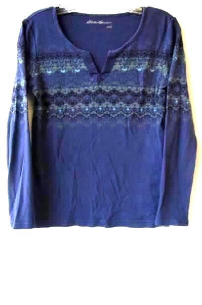 Women's Multicolor Long Sleeve V-Neck Top by Eddie Bauer Size S 100% Cotton
