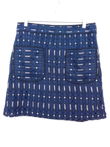 Ann Taylor LOFT Retro Blue, Black, Silver Geo Lace Career Skirt w/ Pockets Sz 8
