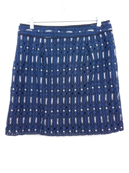 Ann Taylor LOFT Retro Blue, Black, Silver Geo Lace Career Skirt w/ Pockets Sz 8