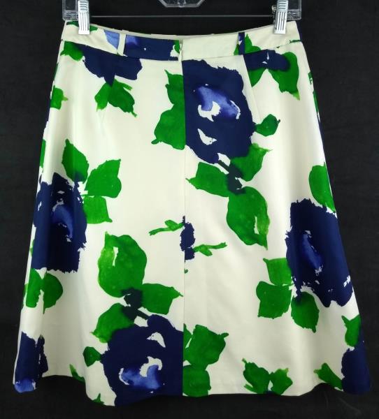 OUTBACK RED Ivory & Blue Floral Print Career Skirt Pleated Front w/ Pockets ~ XS