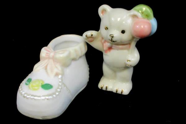Vintage Lot of 2 Baby Decor Hand Painted Porcelain Baby Shoe Teddy Bear Balloons