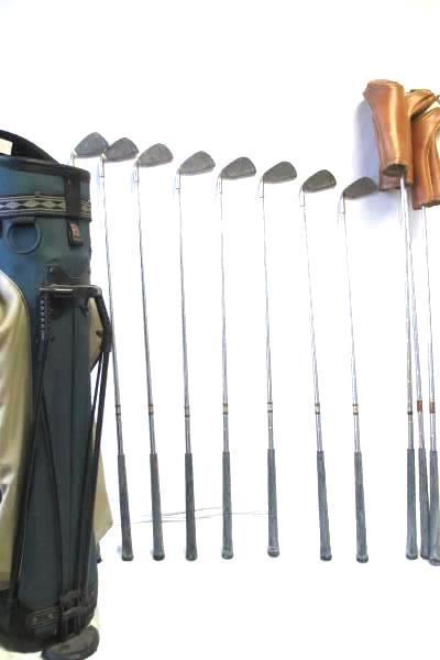 Lot of 11 Assorted Golf Clubs with Green And Black Golf Bag By Bennington