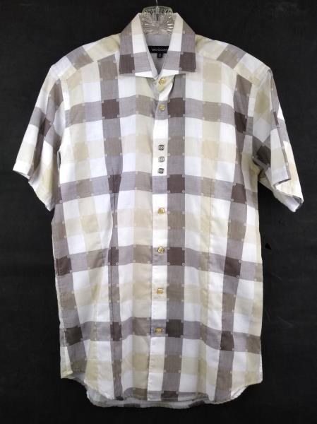 BOGOSSE Premium Men S/2 Short Sleeve Triple Button Shirt - White & Brown Plaid