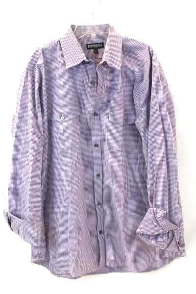 Men's Button Up Shirt By Express Long Sleeve White Purple Plaid Size XL