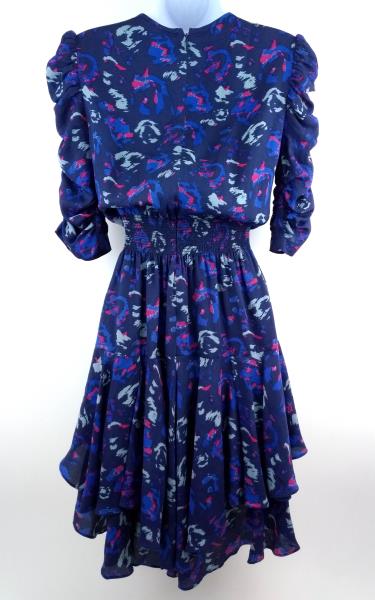 YIGAL AZROUEL Ikat Floral Silk Crepe Ruffle Dress in Night Multi Blue Sz 4