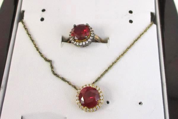 Ruby Box Set 18" Chain Pendent Ring Lab Created 14K Gold Over Brass