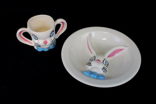 Bunny Rabbit Ceramic Divided Plate and Matching Double Handled Mug Easter Decor