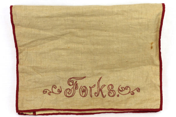 Vtg Retro Kitchen Red Cream Cloth Handmade Silverware Fork Embroidered Holder