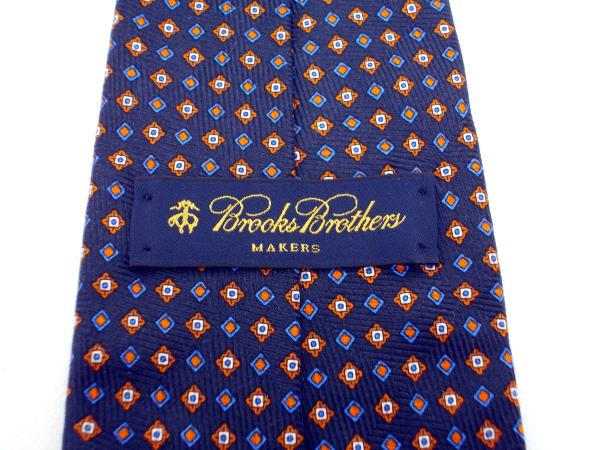 BROOKS BROTHERS Makers 100% Silk Twill Neck Tie Navy Blue Tile Print