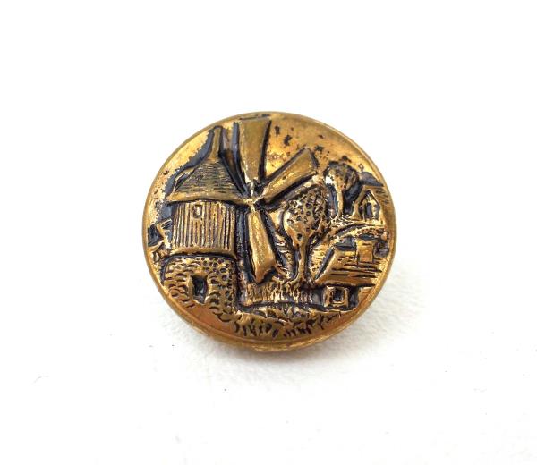 Vintage 1/2" Brass Metal Dutch Windmill Relief Picture Button