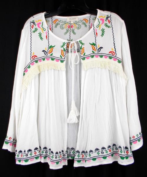 VELZERA Boho Beach Cover Up Embroidered Gauze Jacket White Hippie Festival Sz M