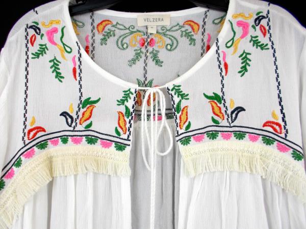 VELZERA Boho Beach Cover Up Embroidered Gauze Jacket White Hippie Festival Sz M