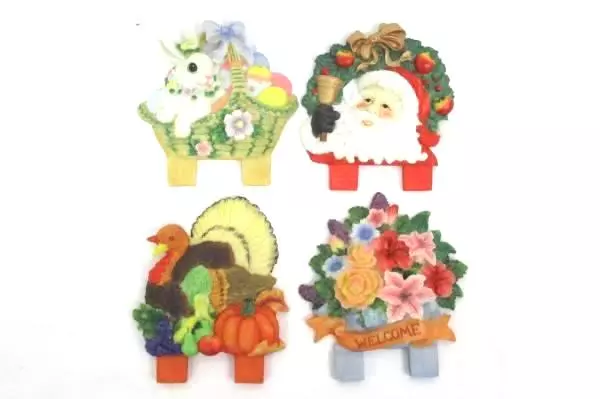 Lot 4 Retro Style Holiday Resin Garden Plant Plaque Art Sign Thanksgiving Santa