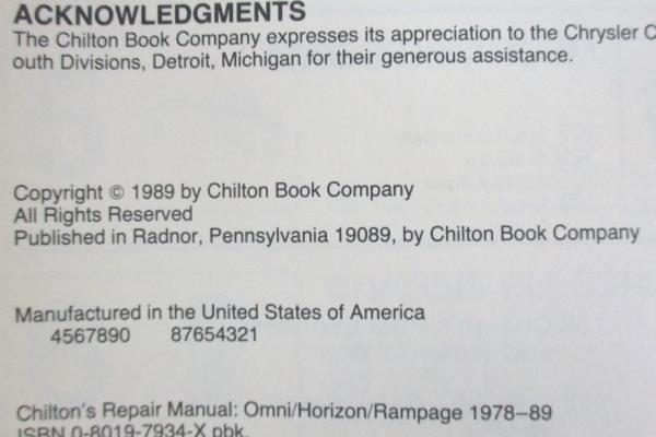 1989 Chilton Car Repair Manual For Omni Horizon Rampage 1978-89