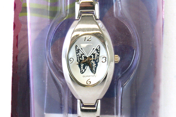 Silvertone CURFEW Wrist Watch With White Face And Blue Butterfly