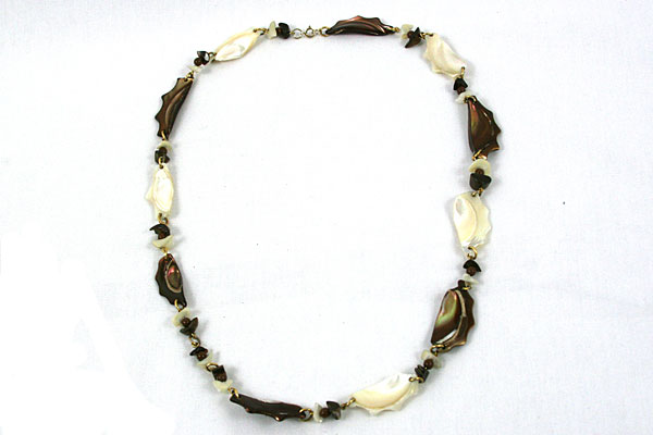 30" White Abalone and Brown Shell with Beads Necklace Handmade Unique Eclectic