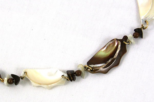 30" White Abalone and Brown Shell with Beads Necklace Handmade Unique Eclectic