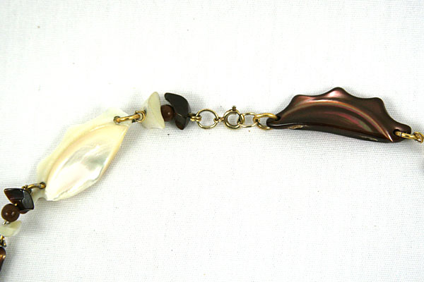30" White Abalone and Brown Shell with Beads Necklace Handmade Unique Eclectic