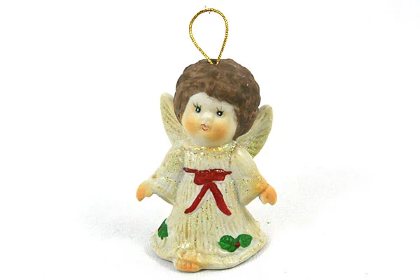 3" Brunette Angel in White Dress with Glitter - CERAMIC ORNAMENT