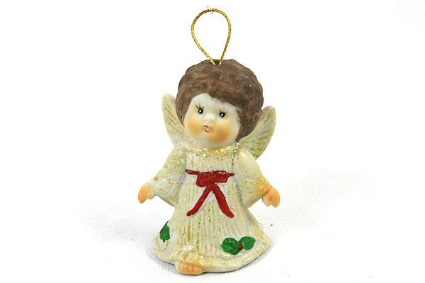 3" Brunette Angel in White Dress with Glitter - CERAMIC ORNAMENT