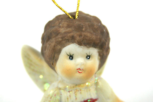 3" Brunette Angel in White Dress with Glitter - CERAMIC ORNAMENT