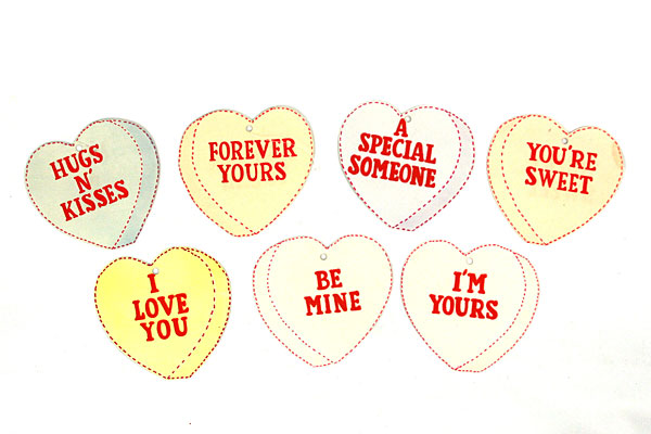 VALENTINES DAY PAPER HEARTS w/ SAYINGS - Clear Strings for Hanging - Set of 7