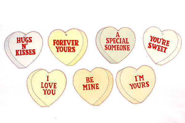 VALENTINES DAY PAPER HEARTS w/ SAYINGS - Clear Strings for Hanging - Set of 7
