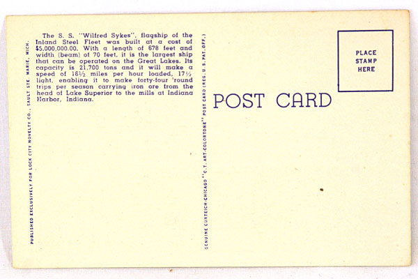 C.T. American Art Postcard - S.S. Wilfred Skyes - OC-H1325