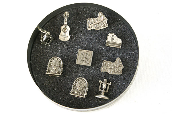 Set Of KINK Radio Pewter Hat Pins In A Tin