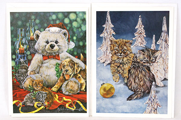 Set of 2 Happy Holidays Lithograph Cards Kitten And Bear By Sheila Somerville