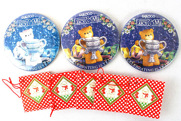 Lot of Lucy & Me Enesco Tags and Celebrating 15 Years Enesco Buttons