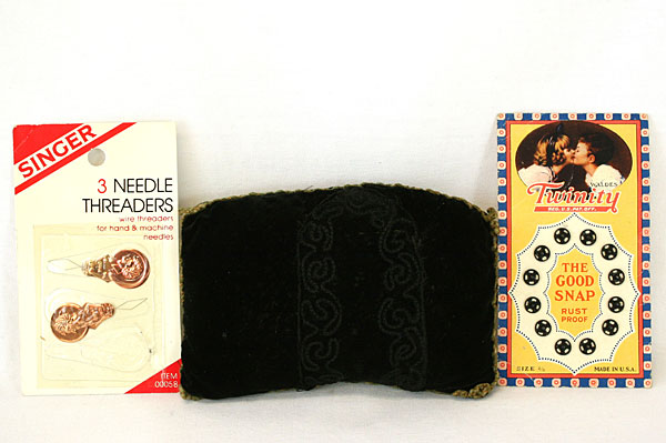 Homemade Black Velvet Pin Cushion, Snaps And Needle Threaders
