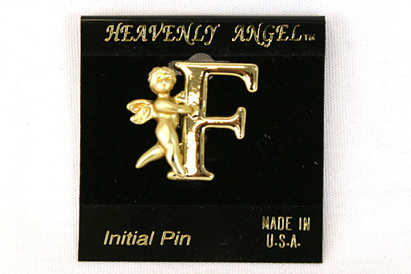 Heavenly Angel Gold Colored Metal Brooch Pin - Initial F Made in the USA