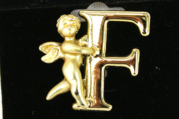 Heavenly Angel Gold Colored Metal Brooch Pin - Initial F Made in the USA