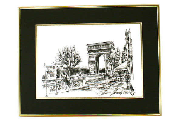 Illustrated Arc De Triomphe Framed Print Dated 1998 with Signature of Artist