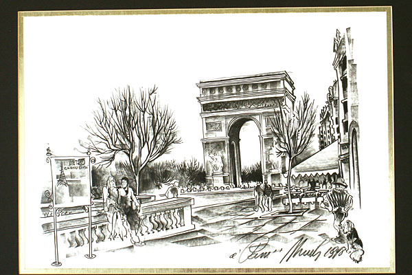 Illustrated Arc De Triomphe Framed Print Dated 1998 with Signature of Artist