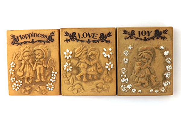 Vintage Miniature Love, Joy And Happiness Ceramic Plaques