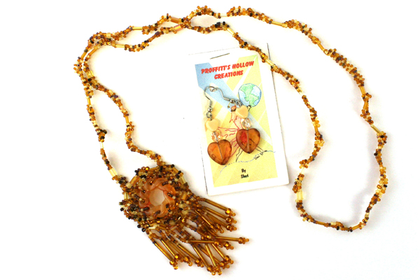 Hand Crafted Gold Bead Necklace With Coordinating Pierced Dangle Heart Earrings