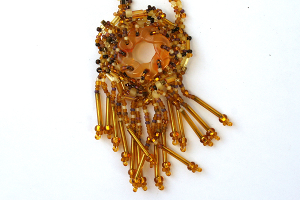 Hand Crafted Gold Bead Necklace With Coordinating Pierced Dangle Heart Earrings