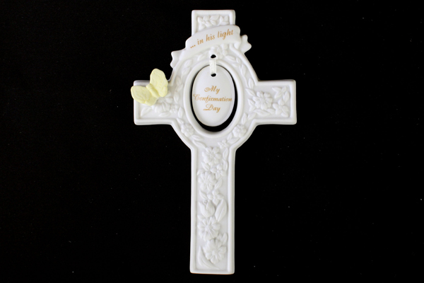 Ceramic In His Light Confimation Cross With Yellow Butterfly