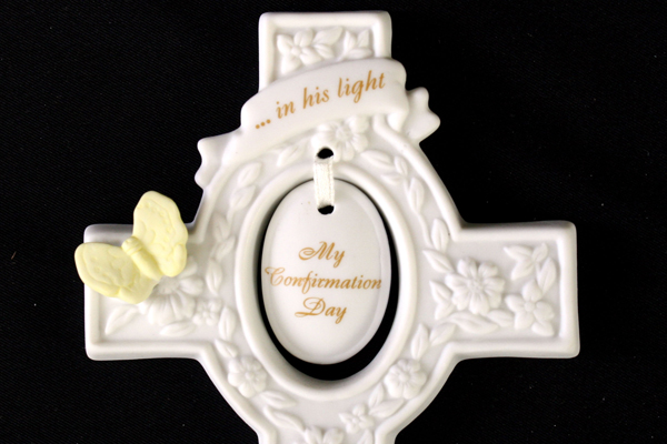 Ceramic In His Light Confimation Cross With Yellow Butterfly