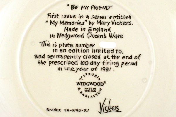 BE MY FRIEND Mary Vickers Plate Wedgewood Queen's Ware My Memories Series