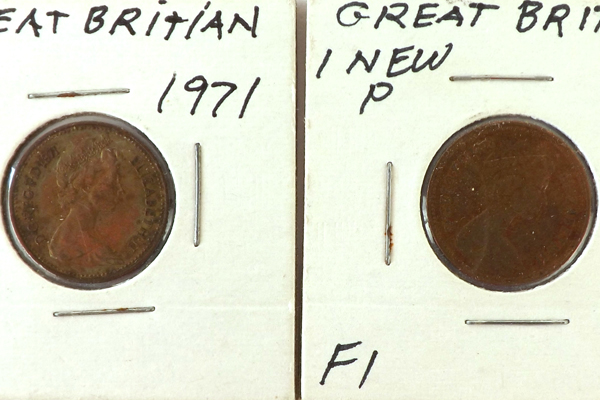 Lot Of Five 1 Penny Coins From The United Kingdom