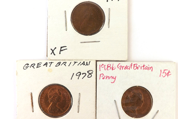 Lot Of Five 1 Penny Coins From The United Kingdom