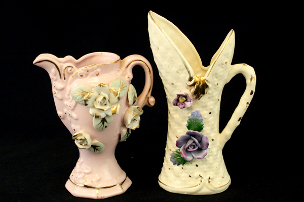 Lot Of Two Vintage Raised Flower Vases With Handles