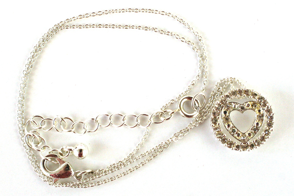 Rhinestone Silvertone Heart Shaped Pendant Necklace