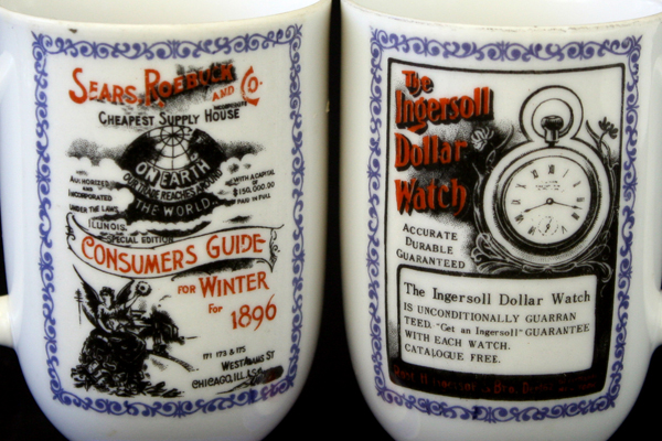 Traditional Americana Arnart Mugs w/ Vintage Ads - Ingersoll Watch & Sears
