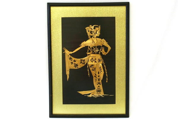 1960's Bamboo Cut-Out Framed Art Asian Woman in Robe Black Wooden Frame